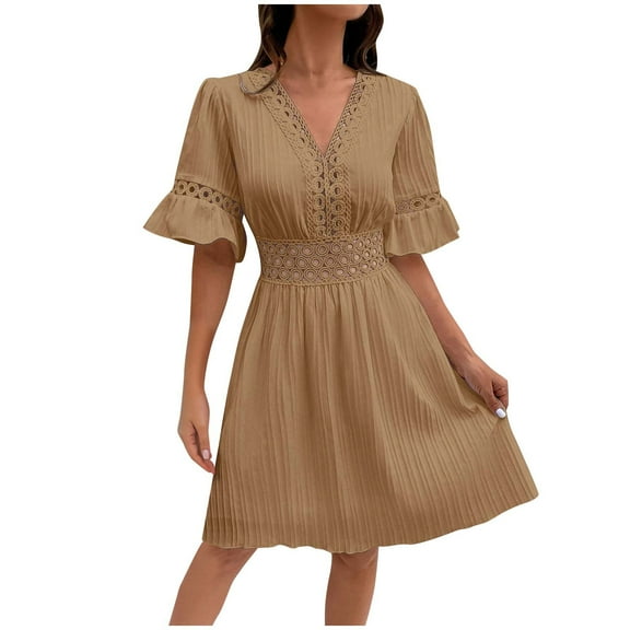 Arnsht V-Neck Lace Insert Flounce Sleeve Midi Dress for Women Lightweight,Casual Summer Dresses for Women Trendy Khaki L