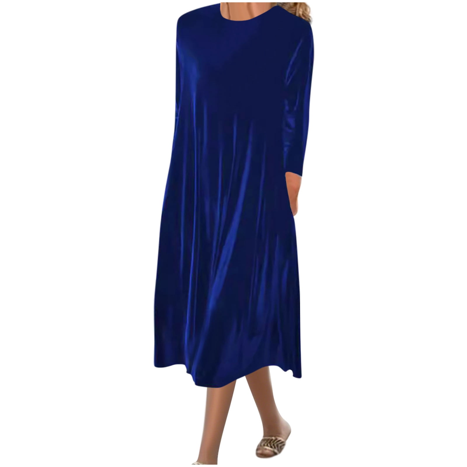 Arnsht Velvet Dress for Women Casual Crewneck Shirt Dresses Elegant Fall and Winter Solid Color Long Sleeve Maxi Dress Blue S
