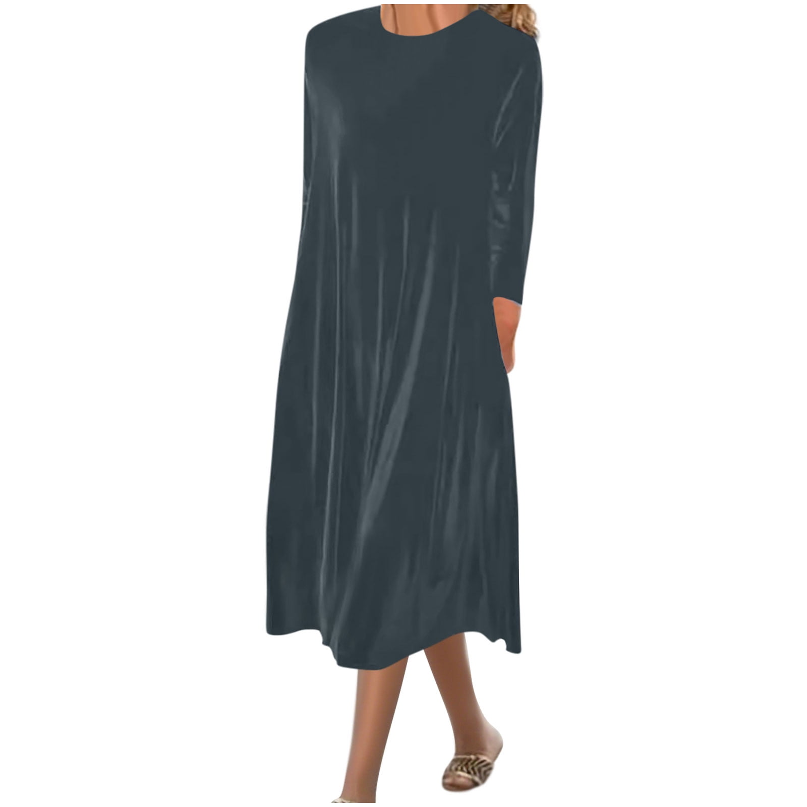Arnsht Velvet Dress for Women Casual Crewneck Shirt Dresses Elegant Fall and Winter Solid Color Long Sleeve Maxi Dress Gray XL