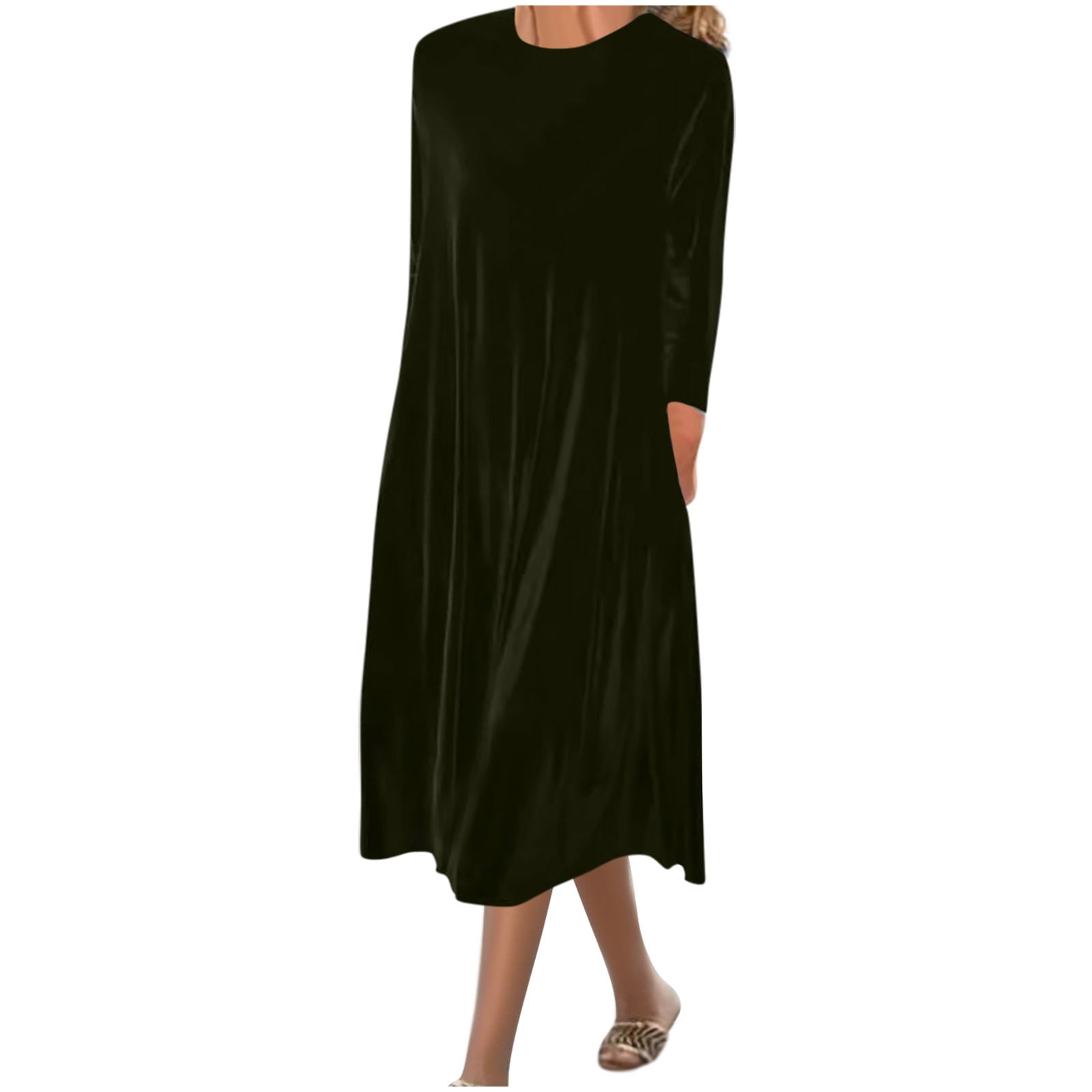 Arnsht Velvet Dress for Women Casual Crewneck Shirt Dresses Elegant Fall and Winter Solid Color Long Sleeve Maxi Dress Green L