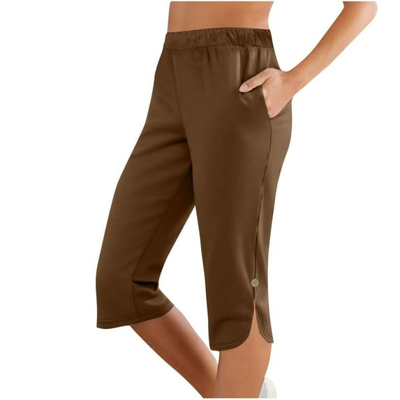 Arnsht Women Capri Pants Solid Color Elastic Waist Sports Casual Cotton Yoga Pants Lightweight Breathable Capris Sweatpants Brown L