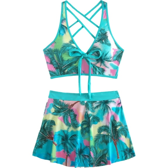 Arnsht Women Fashion Print Two Piece Swimsuit Tummy Control Bathing Suits Swimsuit with Skirt Front Lace Up High Waisted Bikini Sets Green S