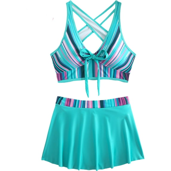 Arnsht Women Fashion Print Two Piece Swimsuit Tummy Control Bathing Suits Swimsuit with Skirt Front Lace Up High Waisted Bikini Sets Light Blue XXXL