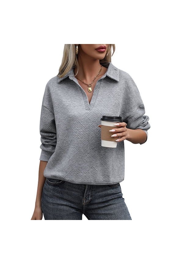 Women Loose Sweatshirt Lightweight Textured Long Sleeve Pullover Tops Solid Color Button V Neck Casual Sweatshirts Gray M