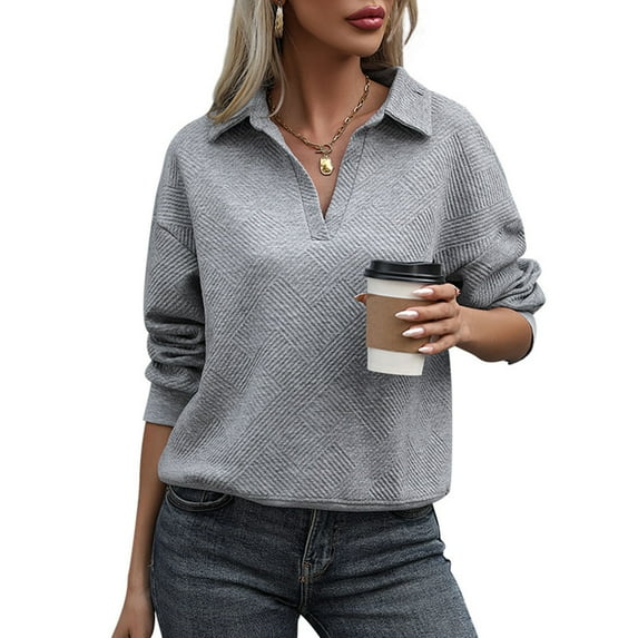 Arnsht Women Loose Sweatshirt Lightweight Textured Long Sleeve Pullover Tops Solid Color Button V Neck Casual Sweatshirts Gray M
