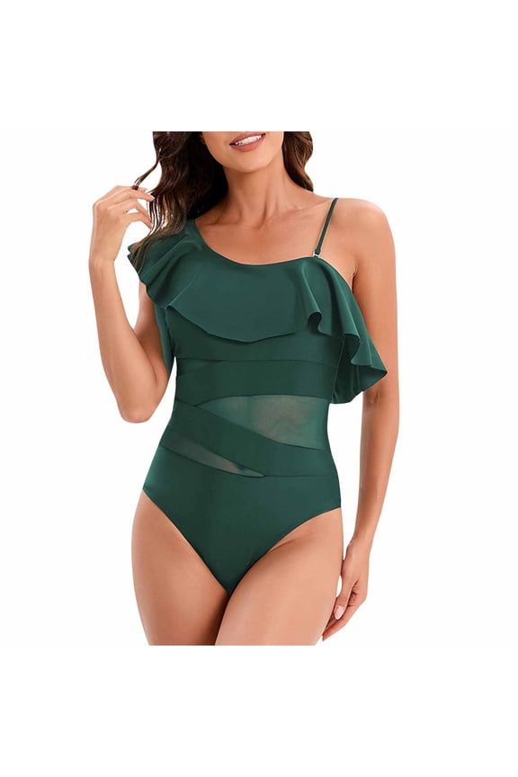 Women One Shoulder One Piece Swimsuits Full Coverage Cutout Mesh Soft Comfortable Breathable Bathing Suits Tummy Control Swimwear Green S