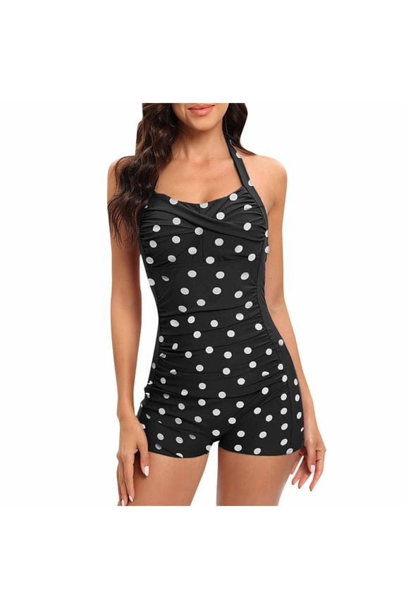 Women Polka Dot Print One Piece Swimsuit with Skirt Tummy Control Swim Dress Halter Vintage Loose Comfortable Breathable Bathing Suit Black S