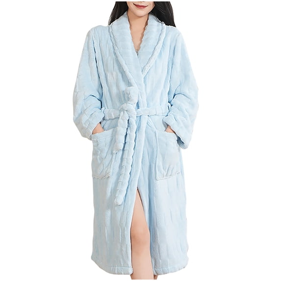 Arnsht Women Robe Fleece Plush Soft, Fluffy Fuzzy Cozy Thickened Warm Lightweight Bathrobe, Shower Long Robe for Women Blue Free Size