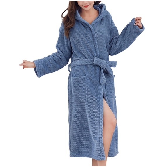 Arnsht Women Robe Fleece Plush Soft, Fluffy Fuzzy Cozy Thickened Warm Lightweight Bathrobe, Shower Long Robe for Women Blue Free Size