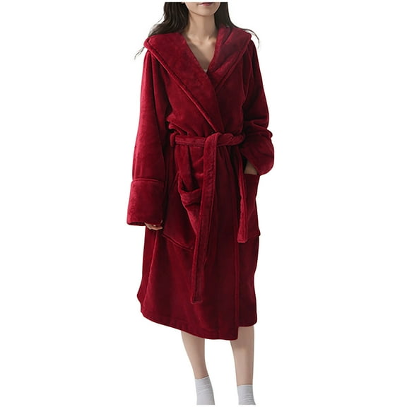 Arnsht Women Robe Fleece Plush Soft, Fluffy Fuzzy Cozy Thickened Warm Lightweight Bathrobe, Shower Long Robe for Women Red Free Size