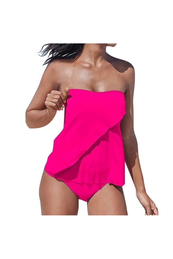 Women Strapless Tankini Swimsuits Sets Removable Shoulder Straps Swimwear with Bottom Plus Size 2 Piece Bathing Suits Pink XXXL