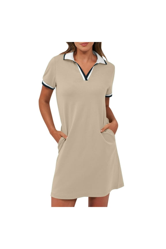 Women Summer Dress Solid Color V Neck Short Sleeve A-line Sweatshirt Dress Loose Fit Tennis Golf Dresses Yellow XL