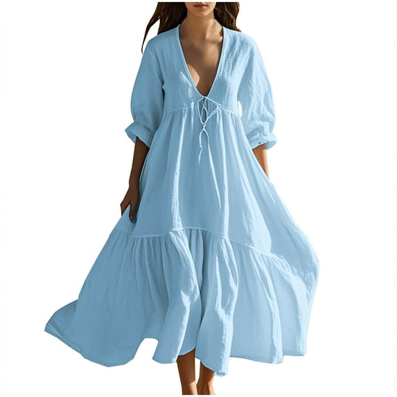 Arnsht Women Summer Dresses Cotton Linen Dress Short Sleeves V Neck Drawstring Maxi Dresses Solid Color Boho Long Dresses Blue XL