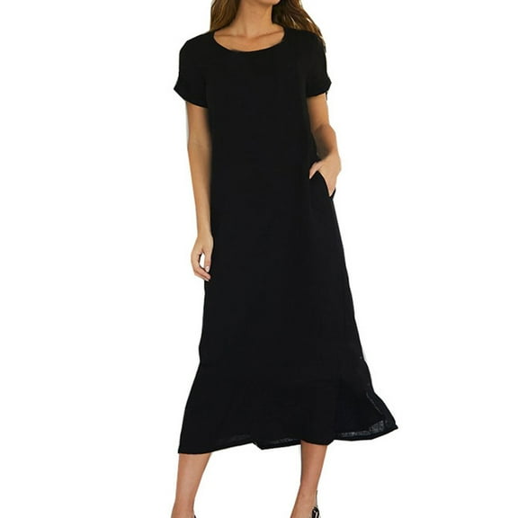 Arnsht Women Summer Linen T Shirt Dress Casual Short Sleeve Round Neck Maxi Dresses Loose Side Slit Long Tshirt Dress with Pockets Black M