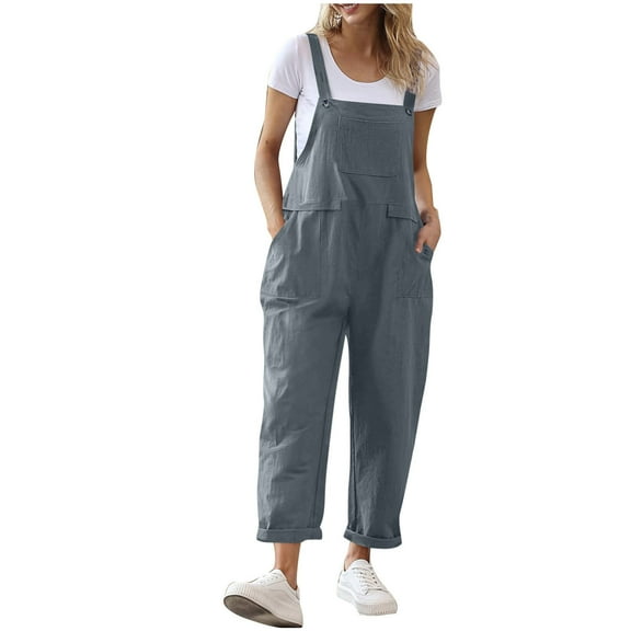 Arnsht Women Summer Solid Color Casual Sleeveless Suspender Jumpsuit Loose Bib Pants Overalls Baggy Rompers Jumpsuits with Pockets Gray XXL