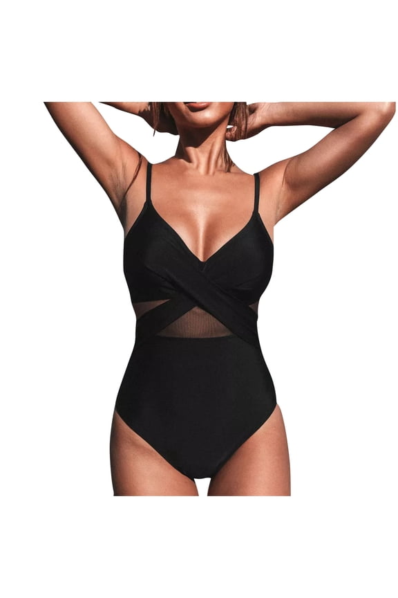 Women V Neck One Piece Swimsuit Comfortable Breathable Wrapped Mesh Tummy Control Bathing Suit with Adjustable Straps Black S