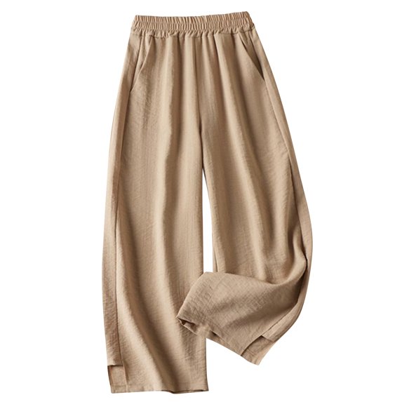 Arnsht Women's 100% Linen Wide Leg Pants Summer Solid Color Casual Loose High Waisted Flowy Palazzo Trousers with Pockets Brown XXL