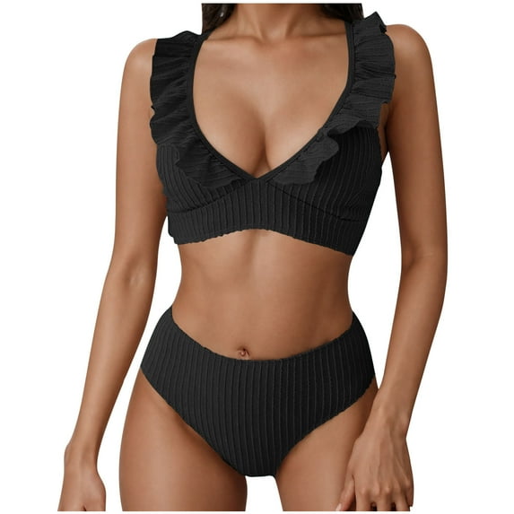 Arnsht Women's 2 Piece Bikini Swimsuit Two Piece Ruffle Bathing Suits High Waisted Conservative Solid Color Beach Vacation Swimsuits Black L