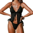thumbnail image 1 of Arnsht Women's 2 Piece Lace Double-layer Bikini Set Ruffle Frill Tie Front Swimsuit Tie Side String High Cut Thong Bathing Suit Black L, 1 of 3