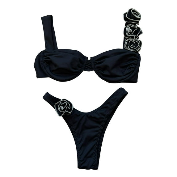 Arnsht Women's 2 Piece Rose Floral Appliques Bikini Set Elegant Ruched Underwire Swimsuit High Cut Plain Color Bathing Suit Black S
