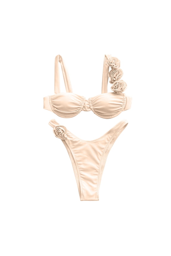 Women's 2 Piece Rose Floral Appliques Bikini Set Elegant Ruched Underwire Swimsuit High Cut Plain Color Bathing Suit White M