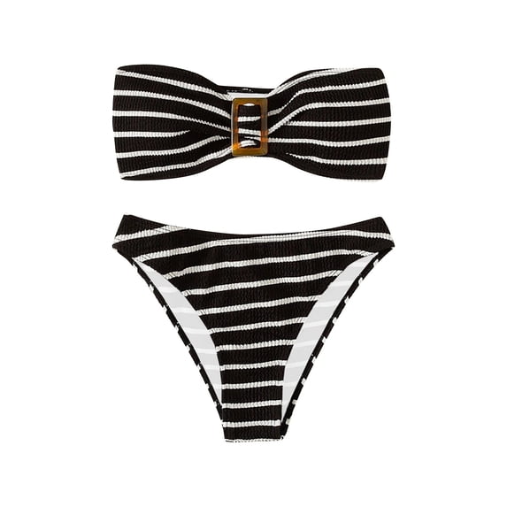 Arnsht Women's 2 Piece Strapless Swimsuit Striped Bandeau High Waisted Thong Bikini Set Comfortable Breathable Bathing Suit Black XL