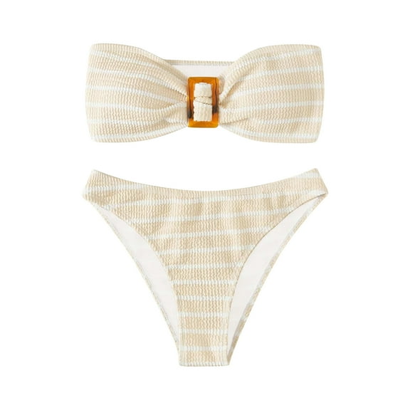 Arnsht Women's 2 Piece Strapless Swimsuit Striped Bandeau High Waisted Thong Bikini Set Comfortable Breathable Bathing Suit Yellow S