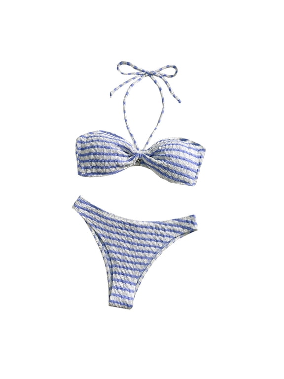 Women's 2 Piece Swimsuits Striped Tie Back Halter Top Bikini Sets Soft Comfortable Breathable Beach Vacation Swimwear Blue S