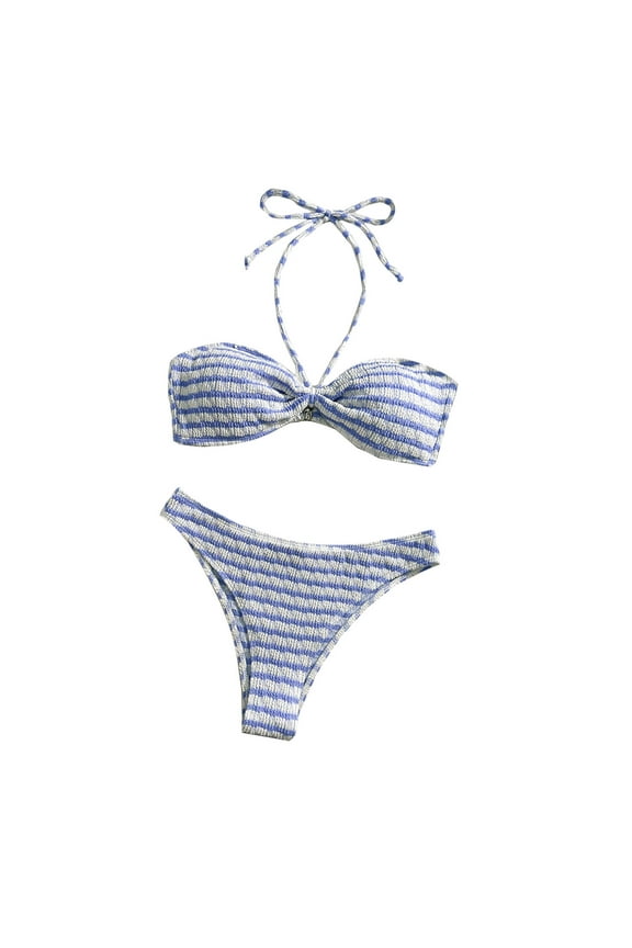 Women's 2 Piece Swimsuits Striped Tie Back Halter Top Bikini Sets Soft Comfortable Breathable Beach Vacation Swimwear Blue S
