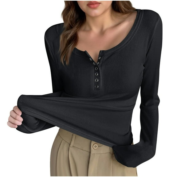Arnsht Women's 2025 Spring Fall Long Sleeve Henley T Shirts Button Ribbed Knit Slim Fit Casual Basic Tops Blouse Black M