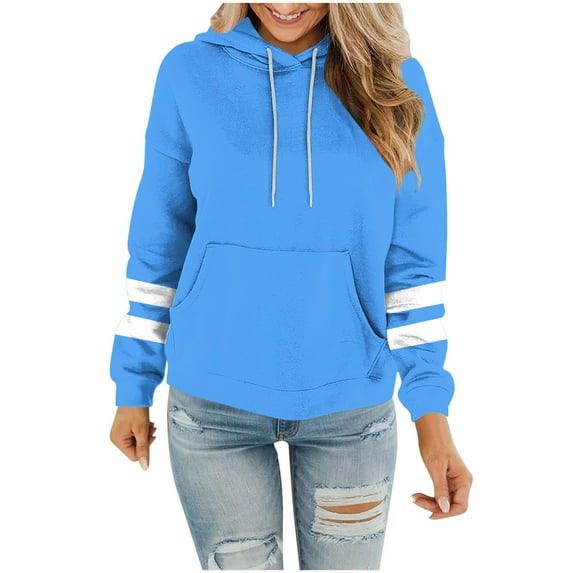 Arnsht Women's 2025 Striped Oversized Hooded Sweatshirt Fall Crewneck Long Sleeve Shirts Casual Color Block Pullover Tops Blue XXL