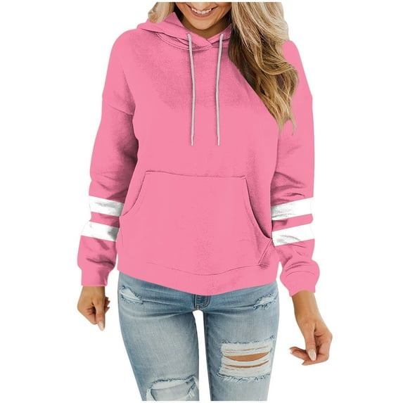 Arnsht Women's 2025 Striped Oversized Hooded Sweatshirt Fall Crewneck Long Sleeve Shirts Casual Color Block Pullover Tops Pink XL
