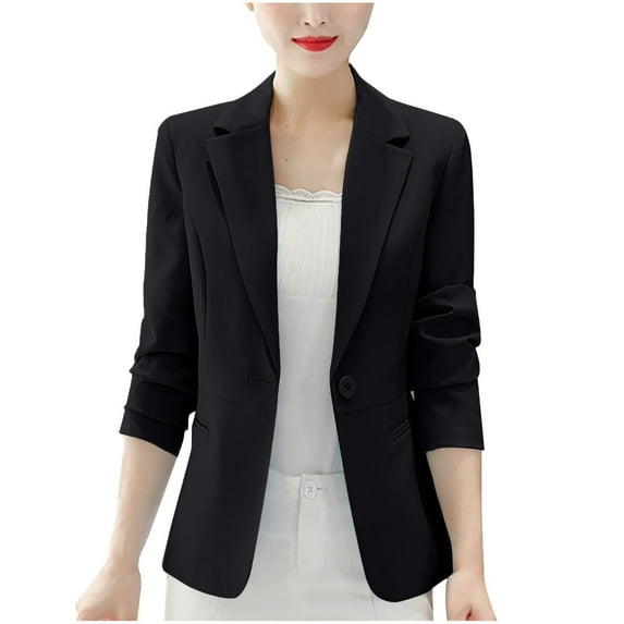 Arnsht Women's 3/4 Sleeve Blazers Casual Fashion Solid Color One Button Business Work Office Blazer with Pockets Black XXXL