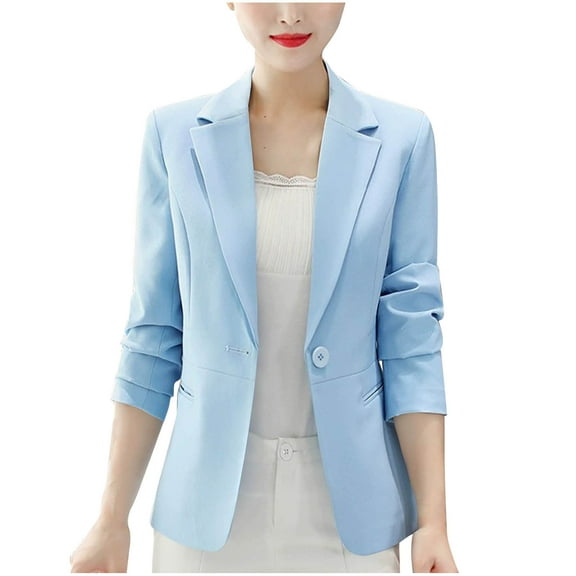 Arnsht Women's 3/4 Sleeve Blazers Casual Fashion Solid Color One Button Business Work Office Blazer with Pockets Blue XXL