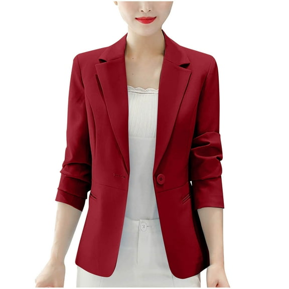 Arnsht Women's 3/4 Sleeve Blazers Casual Fashion Solid Color One Button Business Work Office Blazer with Pockets Red L