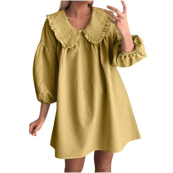Arnsht Women's Babydoll 3/4 Puff Sleeve Plaid Mini Dress Loose Comfortable Breathable Lapel Doll Collar Loose Y2k Dress Yellow M