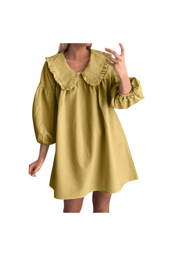 Women's Babydoll 3/4 Puff Sleeve Plaid Mini Dress Loose Comfortable Breathable Lapel Doll Collar Loose Y2k Dress Yellow S