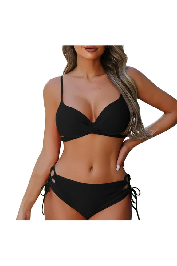 Women's Backless Triangle Bikini Sets Two Piece Double Straps Halter Swimsuit Tie Side String Cheeky Bathing Suits Black XL