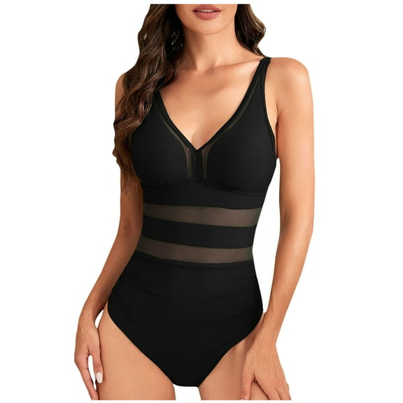 Arnsht Women's Backless Tummy Control Swimsuits Mesh Solid Color Soft Comfortable One Piece Bathing Suits Slimming V Neck Swimwear Black S