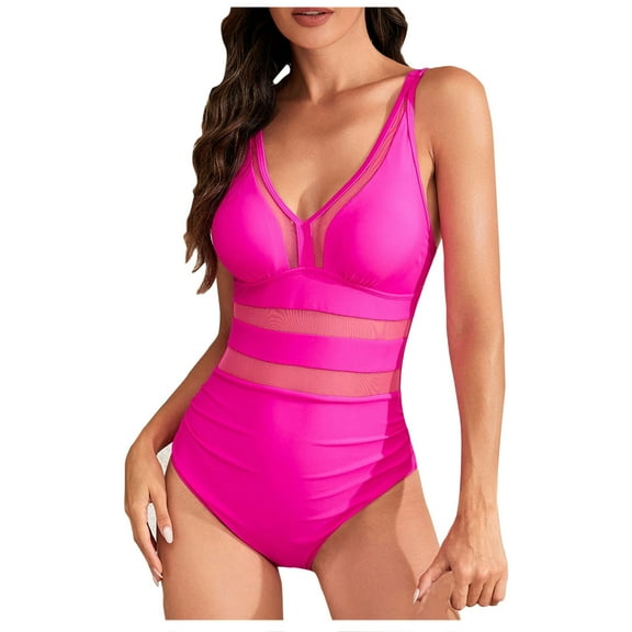 Arnsht Women's Backless Tummy Control Swimsuits Mesh Solid Color Soft Comfortable One Piece Bathing Suits Slimming V Neck Swimwear Hot Pink M
