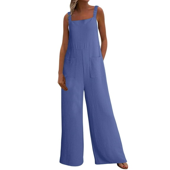 Arnsht Women's Casual Loose Overalls Suspender Jumpsuit One Piece Sleeveless Wide Leg Long Pant Rompers With Pockets Blue L
