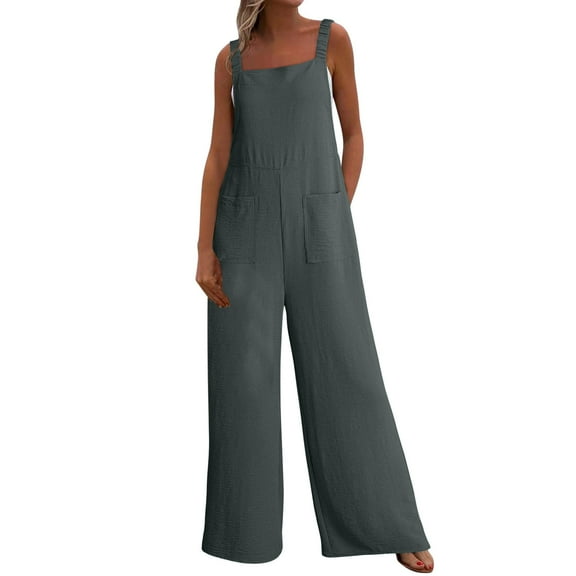 Arnsht Women's Casual Loose Overalls Suspender Jumpsuit One Piece Sleeveless Wide Leg Long Pant Rompers With Pockets Gray M