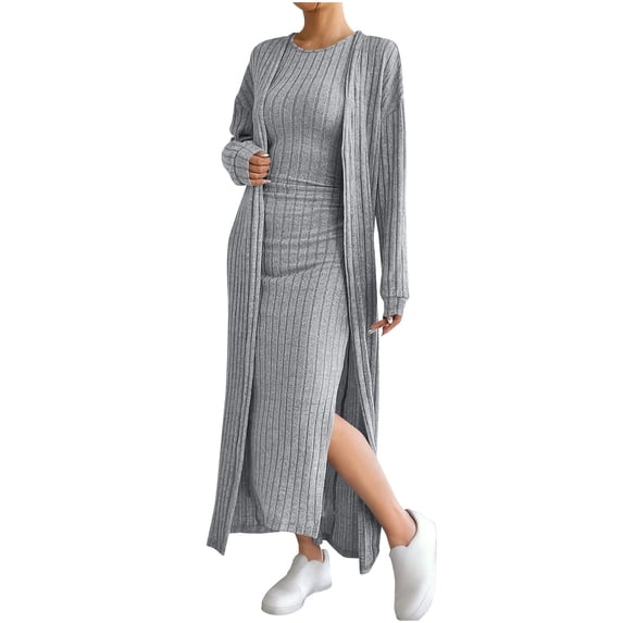 Arnsht Women's Casual Ribbed Knit Outfit 2 Piece Bodycon Tank Dress and Long Sleeve Long Cardigan Spring Fall Clothes Gray L