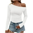 thumbnail image 1 of Arnsht Women's Casual Solid Color Asymmetrical Neck Off The Shoulder Tops Ruched Long Sleeve Going Out Blouse Tops White XL, 1 of 4