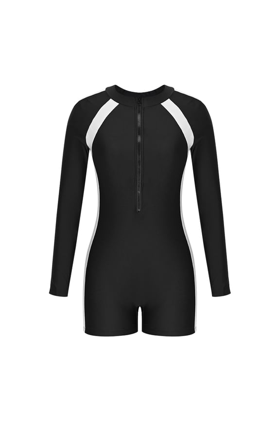 Women's Colorblock Zipper Front Sport One Piece Swimsuit Shorts Romper Bathing Suit Swimwear Black L