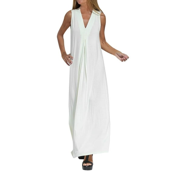 Arnsht Women's Cotton Linen Casual Dress Plus Size Sleeveless V Neck Maxi Dresses Side Split Tank Long Dress with Pockets White L