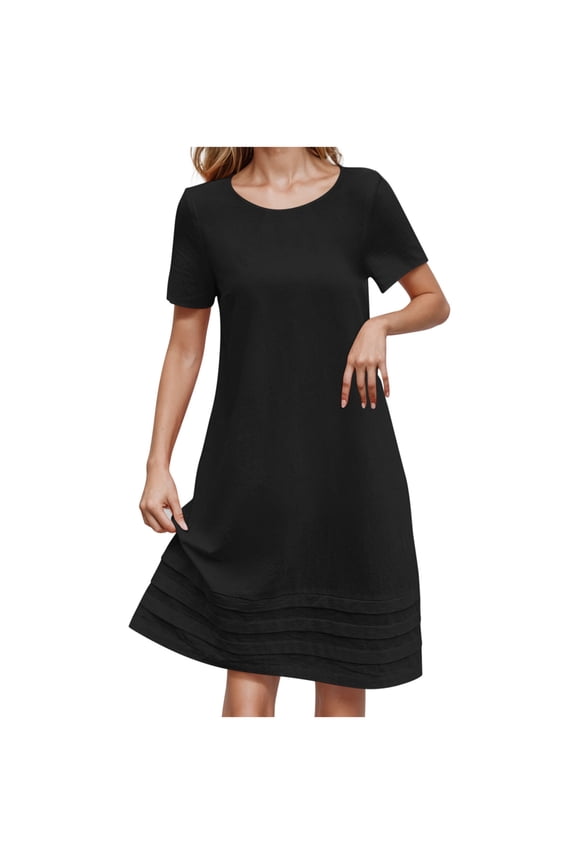 Women's Cotton Linen Dress Solid Color Summer Casual Short Sleeve Crew Neck T Shirt Dresses Loose Swing with Pockets Black XXL