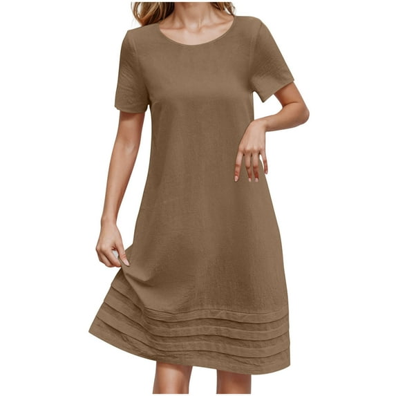 Arnsht Women's Cotton Linen Dress Solid Color Summer Casual Short Sleeve Crew Neck T Shirt Dresses Loose Swing with Pockets Brown XL