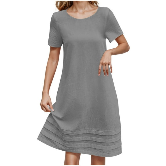 Arnsht Women's Cotton Linen Dress Solid Color Summer Casual Short Sleeve Crew Neck T Shirt Dresses Loose Swing with Pockets Gray S