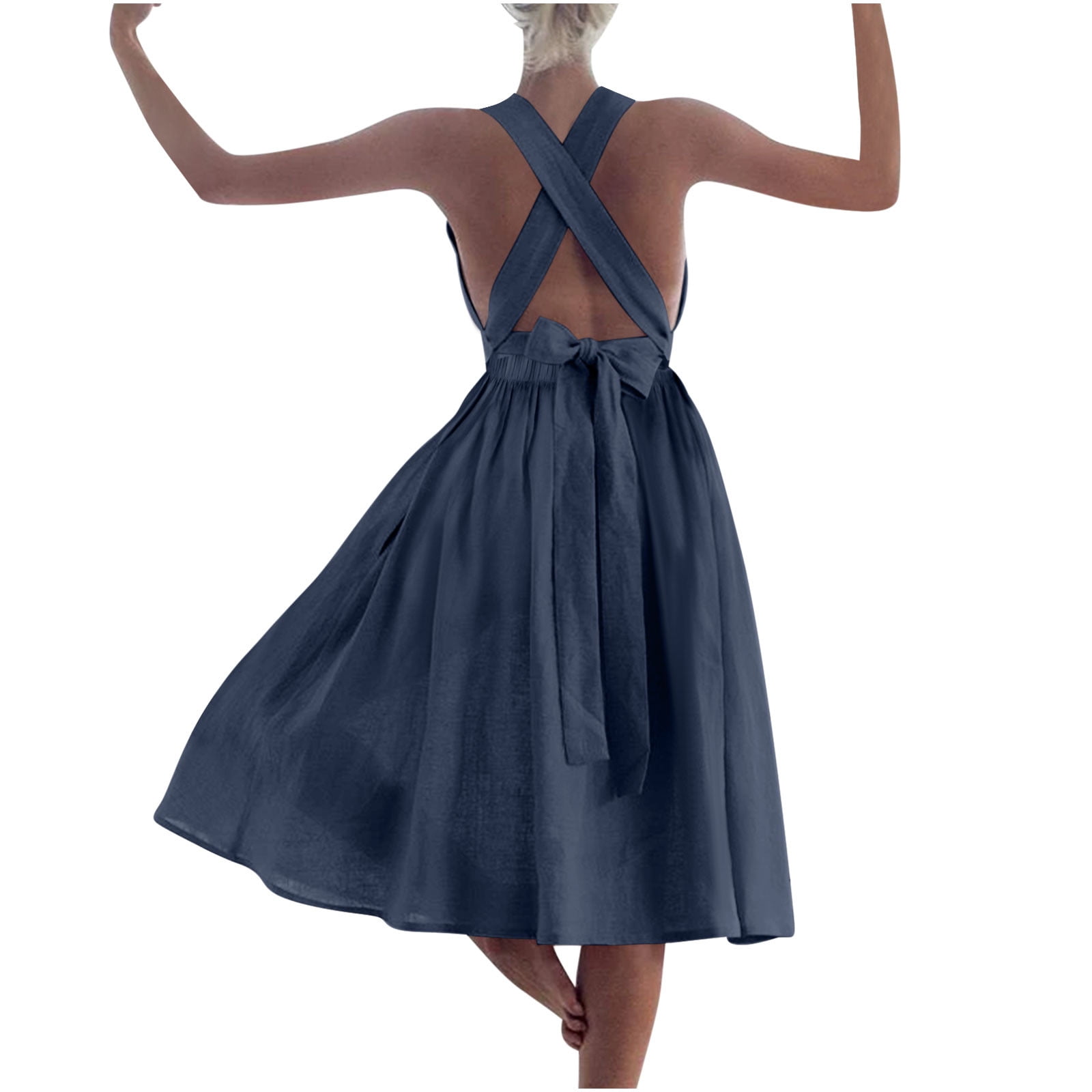 Arnsht Women's Cotton Linen Dresses Tie Back Square Neck Ruffle Strap  Sleeveless A Line Flare Flowy Summer Short Dress Blue S - Walmart.com